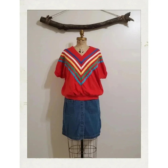 Tops - 🌈Vintage 80s Rainbow Red Batwing Skate Summer Fun Retro Shirt